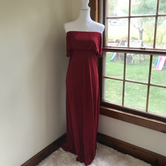 Dresses & Skirts - Burnt Orange Strapless Maxi Dress Pom Pom Trim Boho Size 4